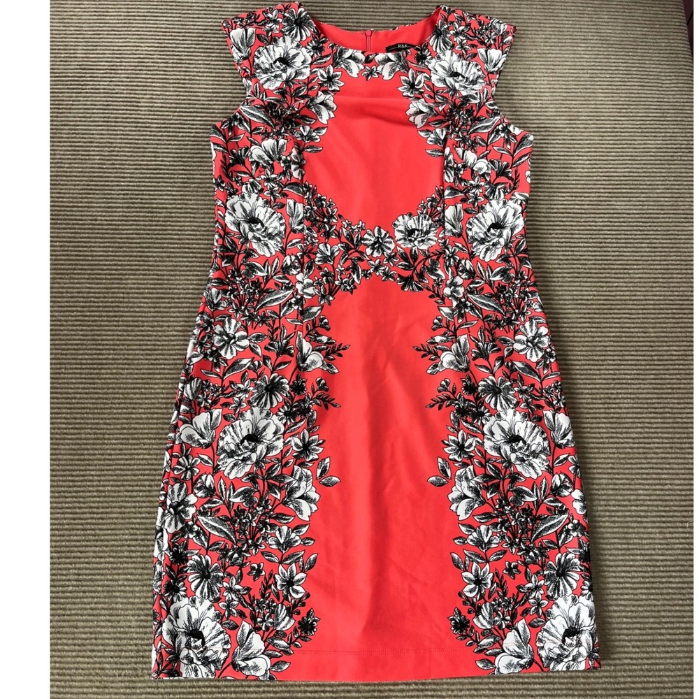 R&K Originals Womens Coral Red Black Floral Border Sheath Dress Sz 16 Sleeveless